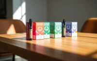 Find Muha Meds 2g cartridges near me, showcasing vibrant cartridge packaging on a wooden table.