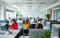 Efficient agents collaborating at a leading call center in Tijuana surrounded by modern decor.