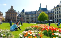 Engaged students studying in a lively European university campus, representing Avrupa'da Üniversite Okumak through cultural diversity and academic excellence.