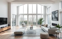 Showcase an entire interior design with natural lighting and minimalist decor