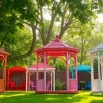 Explore beautiful gazebos in Ireland featuring vibrant colors and diverse styles for outdoor gatherings.