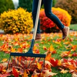 Performing fall clean up by raking leaves in a beautiful autumn yard.