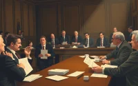 Engaging attorneys discussing Mass Tort Marketing strategies in a courtroom setting.