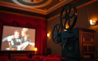 Download public domain movies with a nostalgic vintage cinema projector casting films on screen.