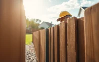 Fencing companies Manchester showcasing a skilled worker installing wooden fencing in a beautiful garden.