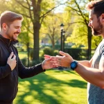 Best Fitness Trainer Jersey City demonstrating a workout to a client in a sunny park setting.