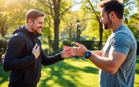 Best Fitness Trainer Jersey City demonstrating a workout to a client in a sunny park setting.