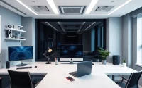 Tech-infused office showcasing modern gadgets and sleek design elements for productivity.