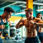 Showcasing preworkout supplements energizing athletes in a bright, dynamic gym setting.