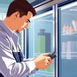 Technician conducting bar refrigeration repair on a commercial cooling unit for optimal performance.
