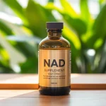 Showcase of a NAD Supplement bottle surrounded by vibrant greenery, emphasizing health.