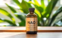 Showcase of a NAD Supplement bottle surrounded by vibrant greenery, emphasizing health.