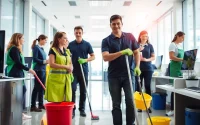 Jacksonville commercial cleaning team efficiently cleaning a modern office environment.