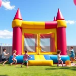Engage in fun with a Bounce house rental near me, featuring children joyfully playing in a colorful inflatable.