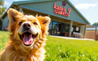 Engaging playtime at Kate's K9 Pet Care, featuring a joyful dog enjoying the outdoor space.