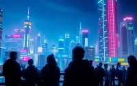 People utilizing AI search technologies in a vibrant, futuristic cityscape illuminated by neon lights.