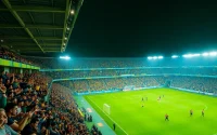 Watch ดูบอลฟรี live action in a vibrant football stadium filled with cheering fans and bright lights.