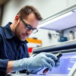 Technician skilled in bar refrigeration repair troubleshooting a cooling unit using professional tools.