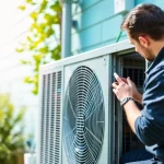 Technician diagnosing a central air conditioner that is not blowing cold air, examining the outdoor unit.