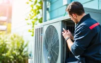 Technician diagnosing a central air conditioner that is not blowing cold air, examining the outdoor unit.