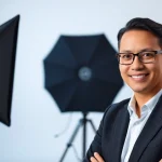 Capture corporate headshots showcasing a confident professional in a bright studio setting.