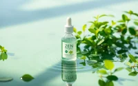 Reviewing the calming effects of Zen Drops with tranquil nature backdrop, highlighting relaxation benefits.