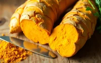 Freshly cut turmeric root highlighted with vibrant colors and textures.