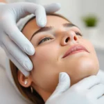 Woman undergoing a Fett-weg Spritze treatment in a calming clinic environment, showcasing the procedure's precision and care.