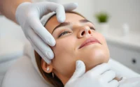 Woman undergoing a Fett-weg Spritze treatment in a calming clinic environment, showcasing the procedure's precision and care.