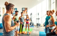 Weight Loss Personal Trainer Jersey City coaching a diverse group in a vibrant gym environment.