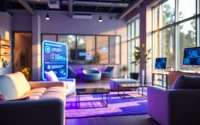 Engaging in chat ai sex within a vibrant AI chat room, featuring abstract chat interfaces.