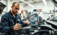 Inspect mechanic examining full synthetic motor oil in a bright garage setting.