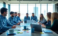 Engaging trade marketing strategy session with a diverse team brainstorming in a modern office.