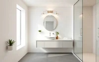 Stunning small bathroom remodels featuring a modern floating vanity and bright color scheme.