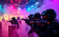 Players competing in an exciting laser tag match within a vibrant arena filled with neon lights.