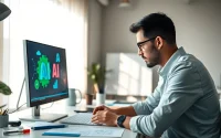 Create a stunning custom AI logo design with a focused designer in a vibrant workspace.