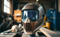 View a high-quality welding mask showcasing its protective features in a workshop setting.