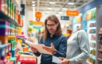 Trade marketing strategist analyzing product displays in a vibrant retail setting.