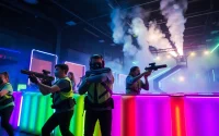 Engaged players in a laser tag fight, showcasing competitive spirit and vibrant arena lights.