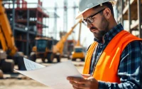 Reviewing NVQ Level 6 Construction Contracting operations answers in a construction site.