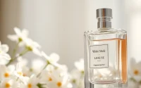Vaporiser de parfum White musk avec une ambiance florale douce en arrière-plan.