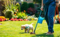 Dog clean up service technician expertly clearing waste from a pristine backyard.