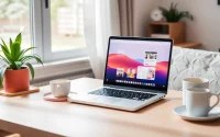 Download line電腦版下載 on a sleek laptop in a modern workspace.