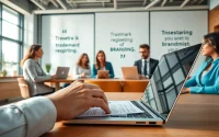 Showcasing an online trademark registration platform with a diverse team collaborating in a modern office.