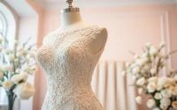 Model showcases elegant beaded wedding dresses with intricate details and floral accents.