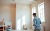 Drywall Contractor repairing a wall in a beautifully painted living space, highlighting skill and attention to detail.
