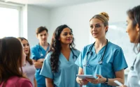 Engaging discussion on the philosophy of nursing practice with diverse students in a bright healthcare setting.