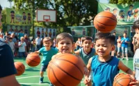 Young basketball enthusiasts practicing skills on a sunny court, showcasing teamwork and excitement.