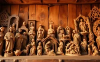 Admire stunning olive wood carvings showcasing intricate designs and textures, highlighting exceptional craftsmanship.