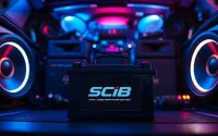 Showcasing the SCiB battery in a high-performance car audio setup, highlighting its compact design and advanced technology.